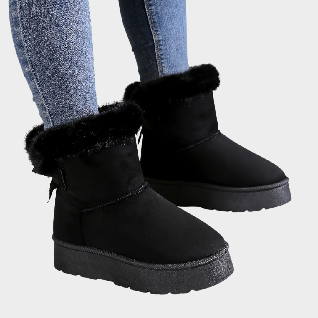 Women’s Faux Fur Lined Suede Ankle Boots – Platform Design with Bow Detail – Multiple Colours