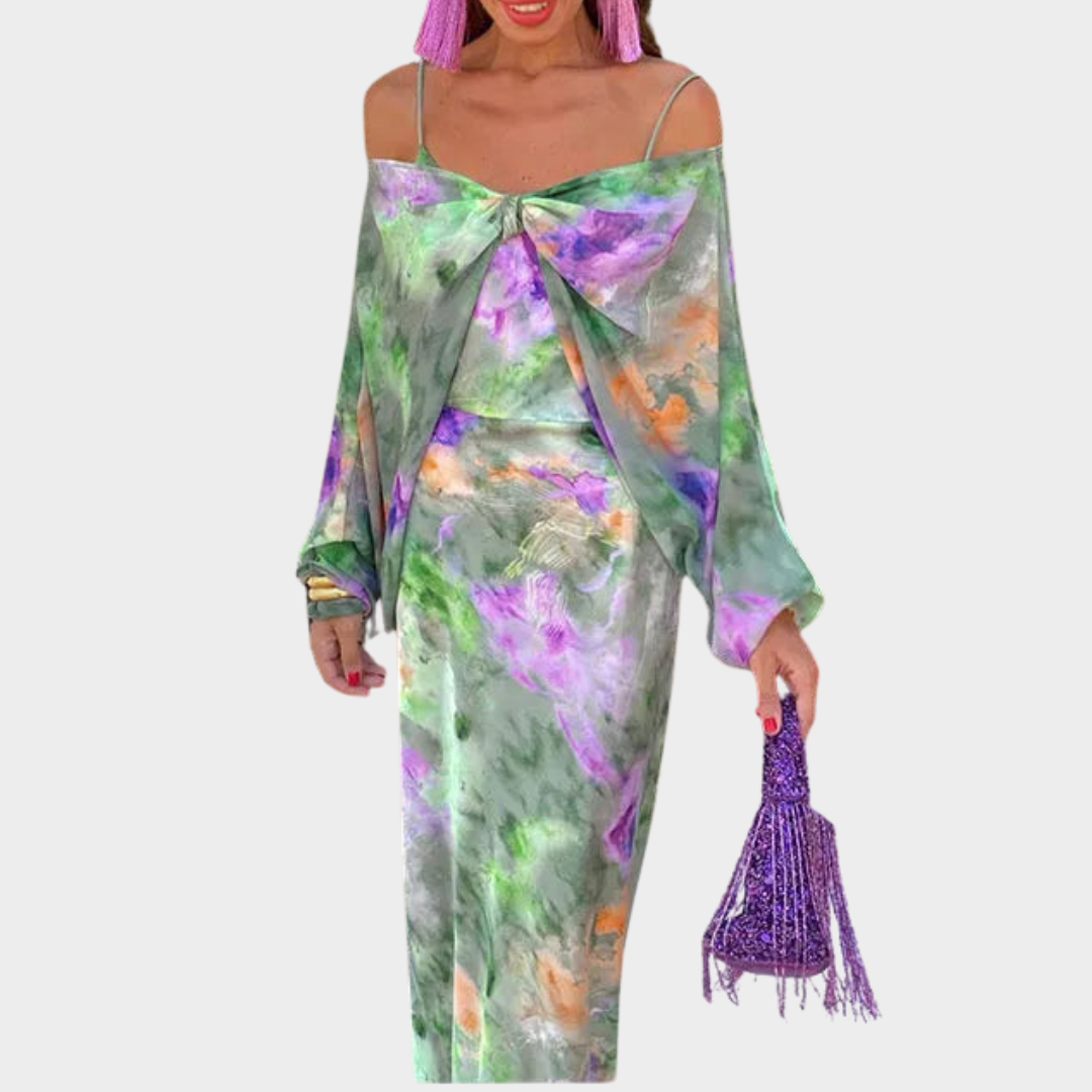 Women's Floral Strap Dress – Elegant Design – Long Sleeve – Polyester Fabric – Casual Chic – Green