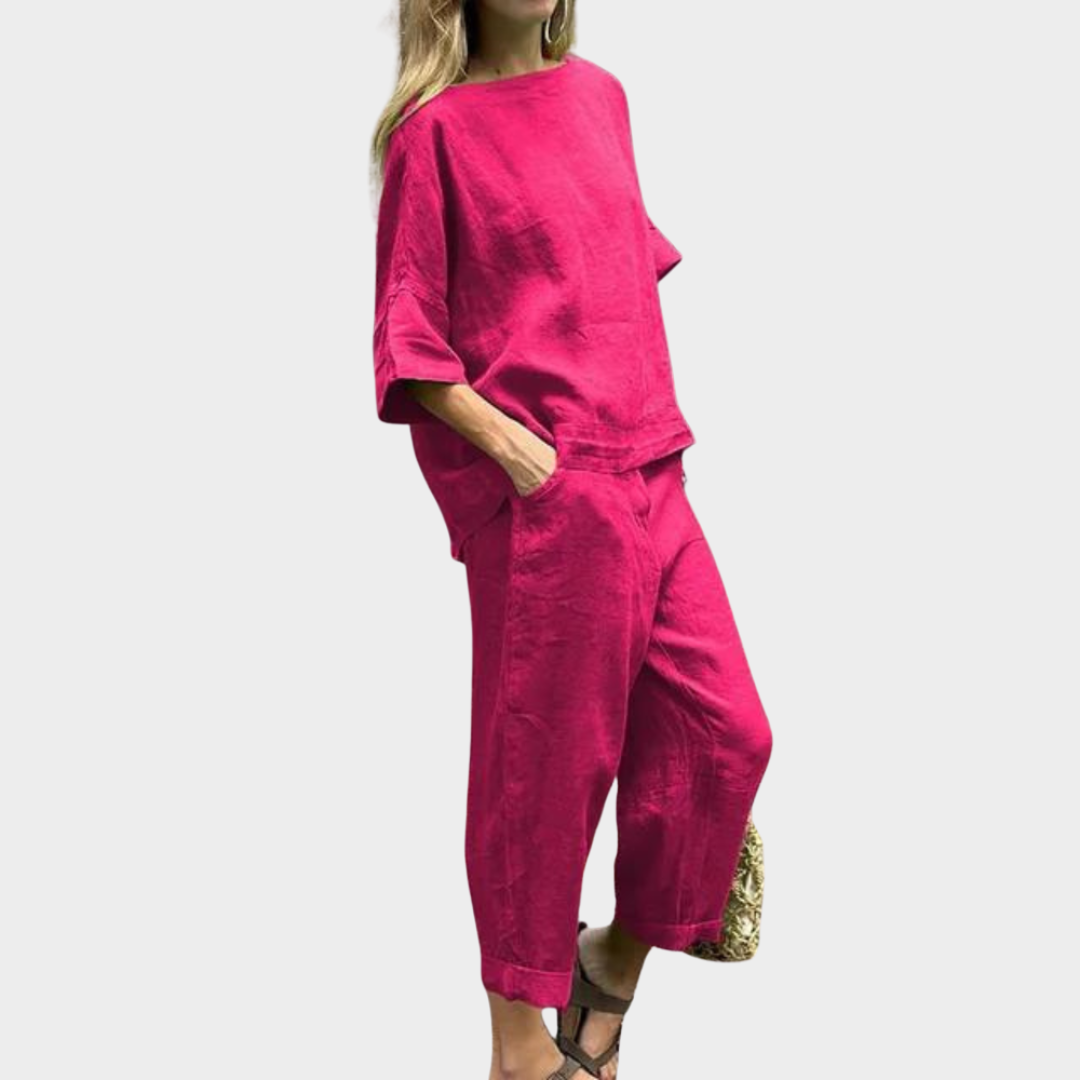 Women's 2-Piece Cotton Linen Set – Loose-Fit Shirt & High-Waisted Trousers – Multiple Colours