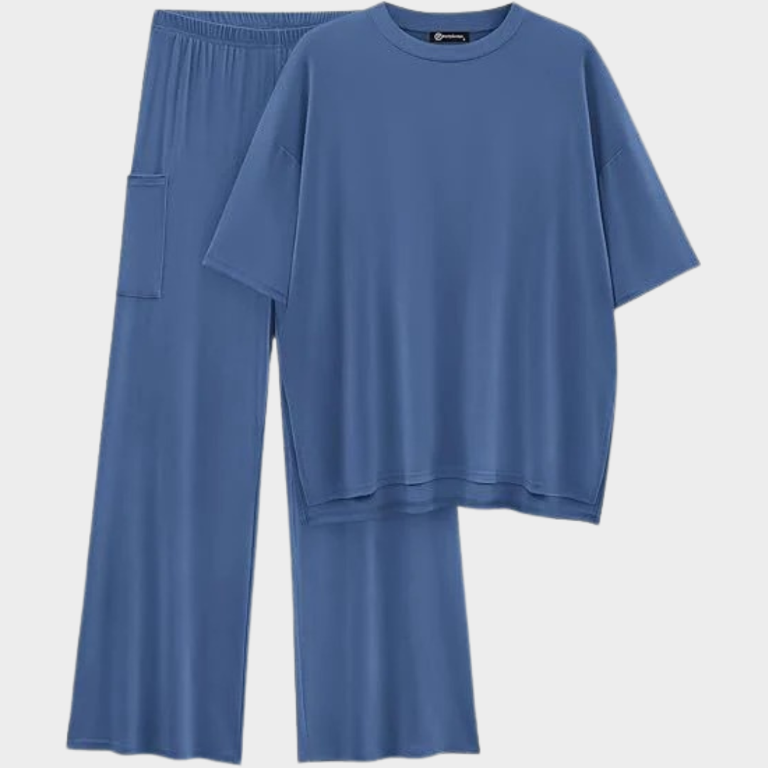 Women Two Piece Outfit – Casual Loose Set with Round Neck Top and Wide Leg Pants – Comfortable Polyester Blend – Multiple Colours