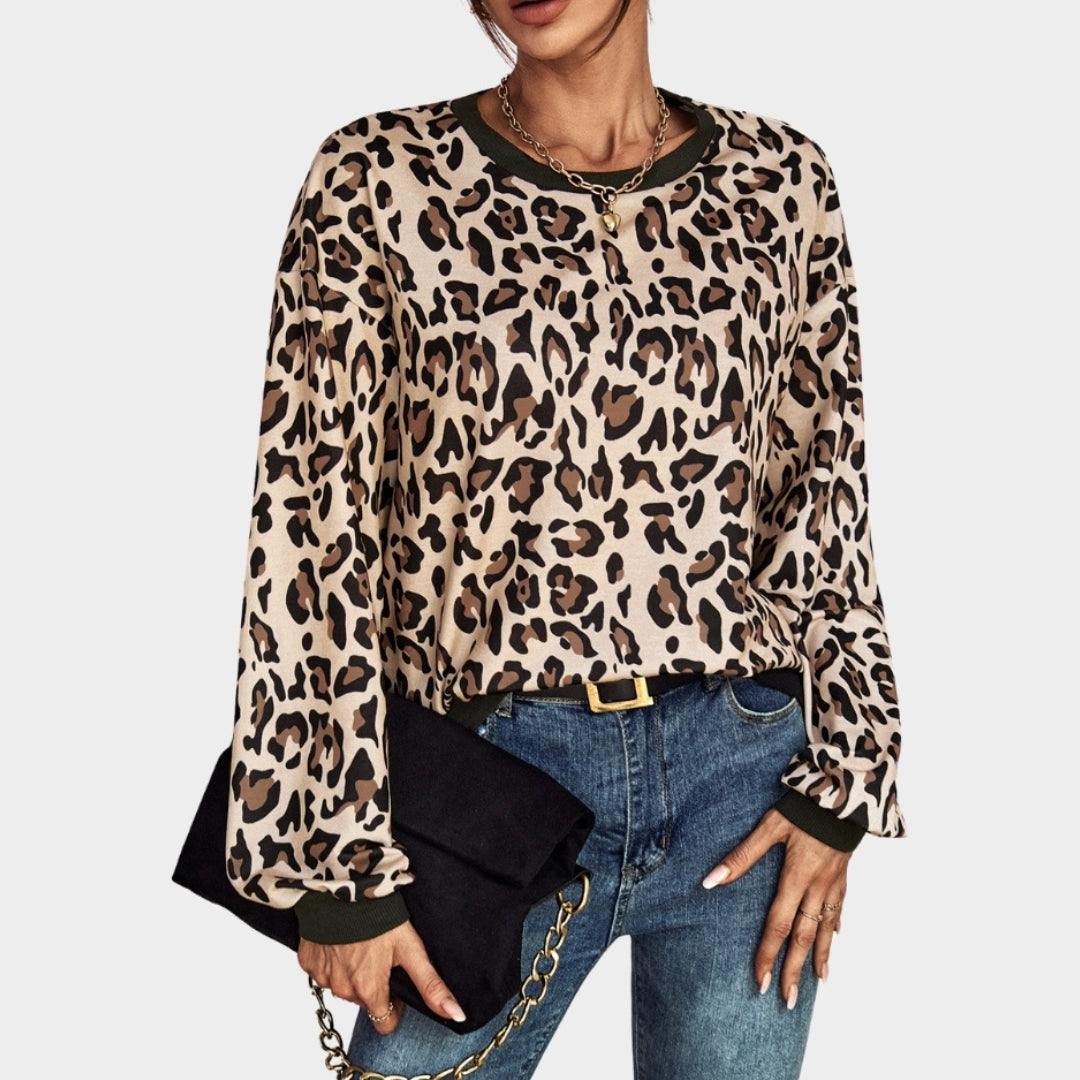 Women’s Leopard Print Casual Sweater - Long Sleeve, Cozy Autumn Winter Sweatshirt, Apricot, Off White