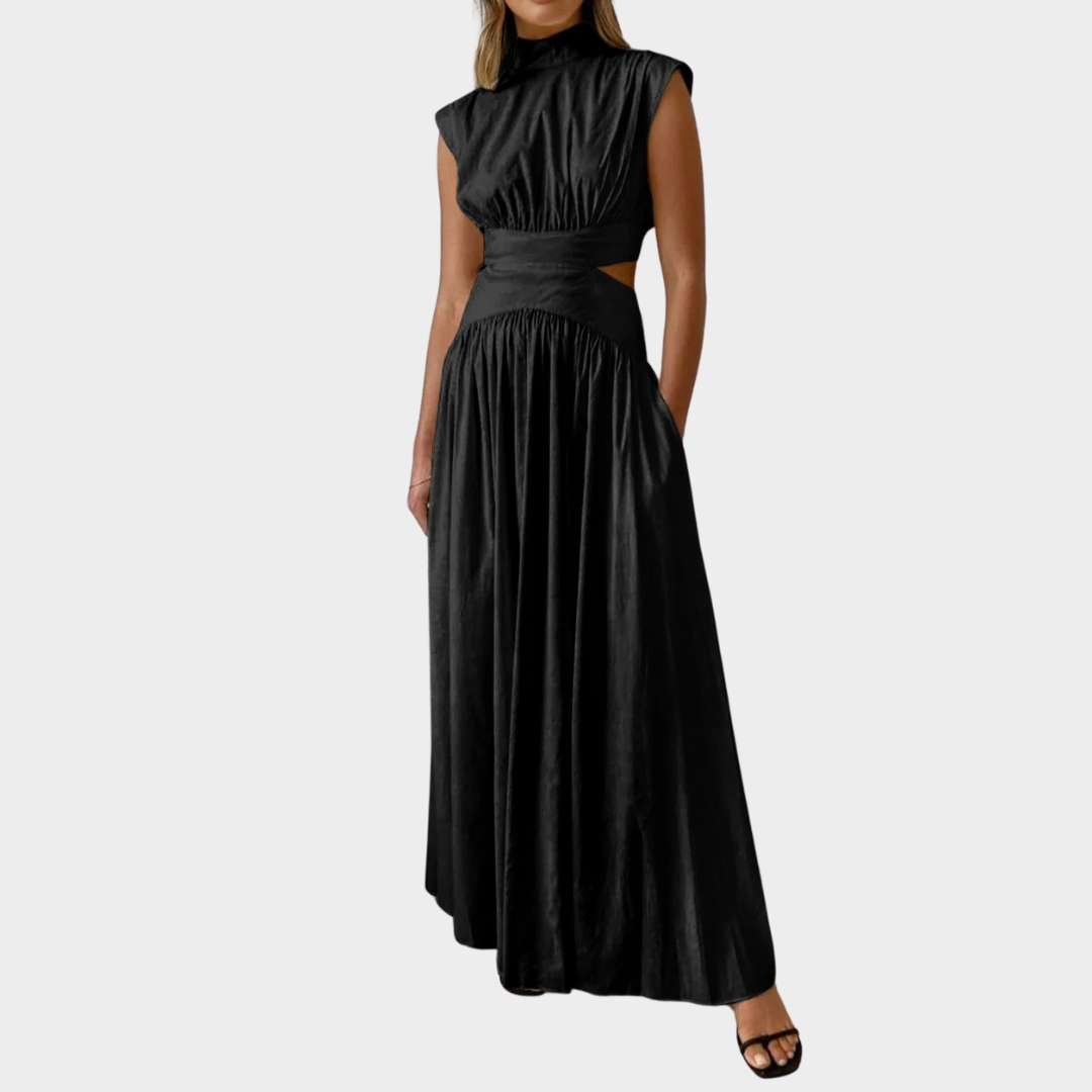 Women’s Sleeveless A-Line Maxi Dress – Solid Colour with Mock Neck and Hollow Out Detail – Lightweight Elegant Fit – Multiple Colours