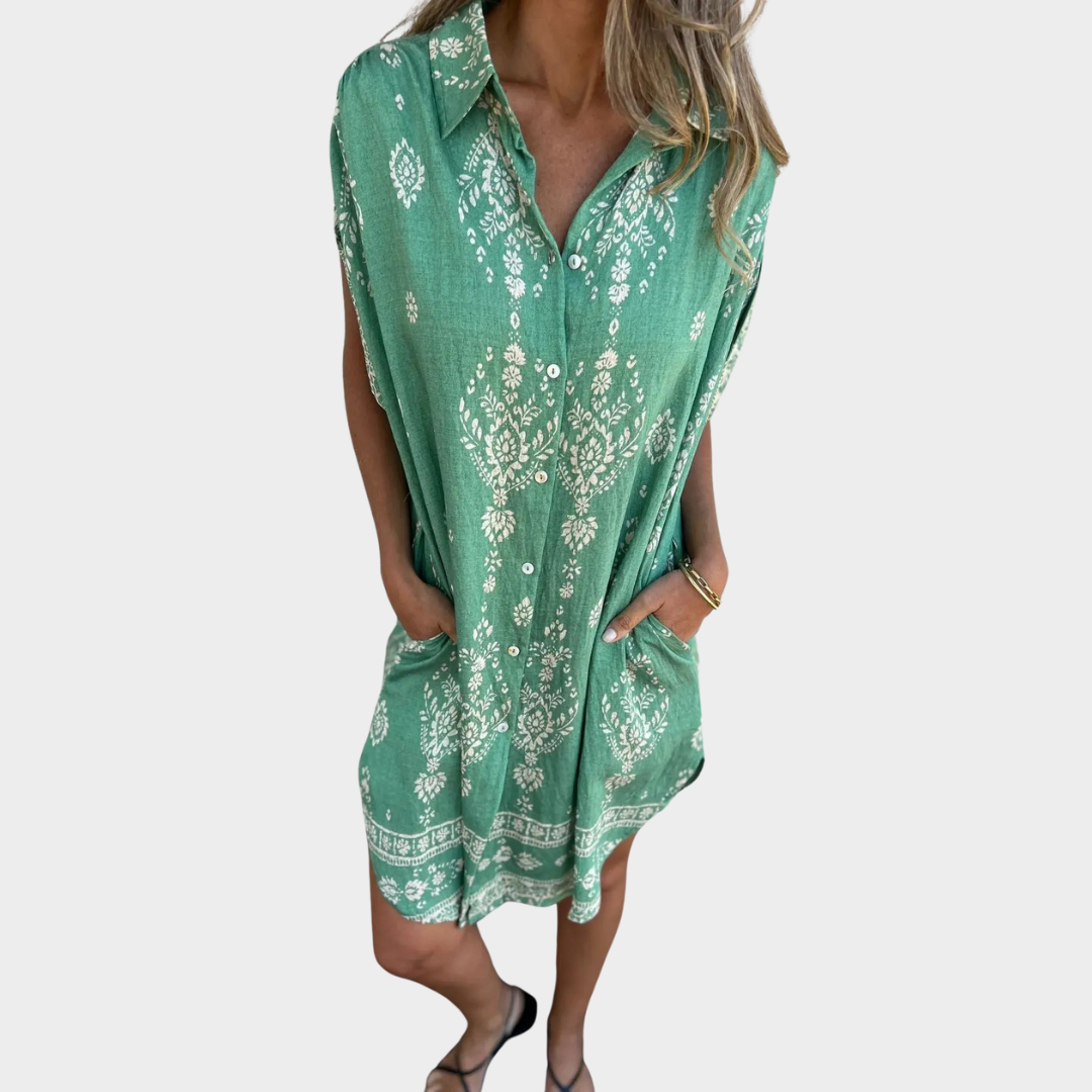 Women’s Boho Print Shirt Dress – Short Sleeve Loose Fit with Button Front – Lightweight Casual Holiday Style – Multiple Colours