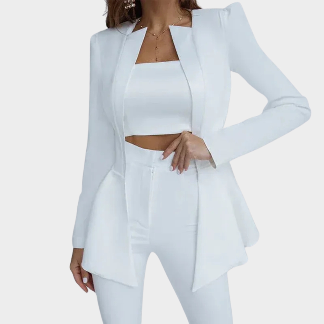 Women's Three-Piece Set – Tailored Fit Blazer with Padded Shoulders, Tube Top and Trousers – Multiple Colours