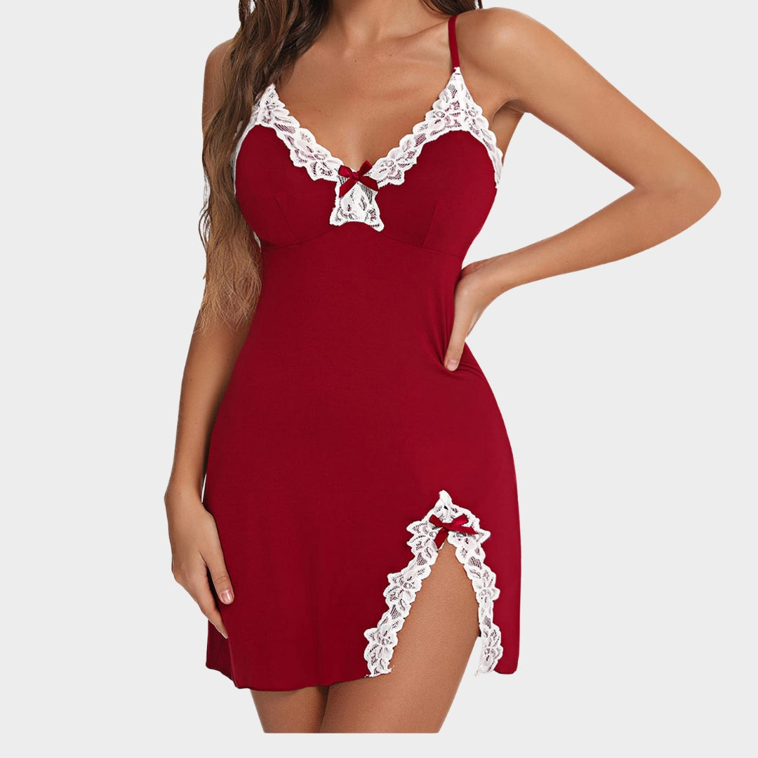 Women's Satin Nightdress - V-Neck Lace Trim - Sleeveless Split Hem - Soft & Elegant Sleepwear