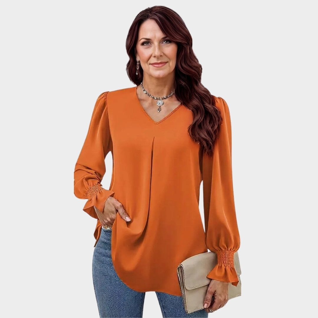 Women’s Chiffon V-Neck Blouse - Long Flared Sleeve Shirt, Loose Fit, Elegant Office Top
