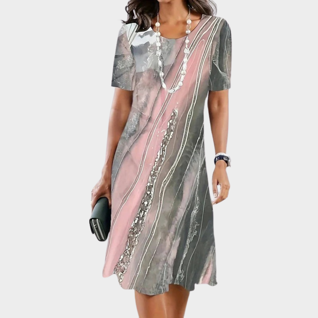 Women's Abstract Print Casual Dress – Short Sleeve Round Neck Acrylic Blend A-Line – Grey