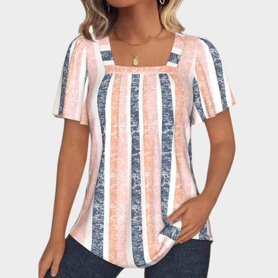 Women’s Casual Short Sleeve Blouse – Square Neck Stripe Top – Lightweight Cotton-Polyester Blend – Pink