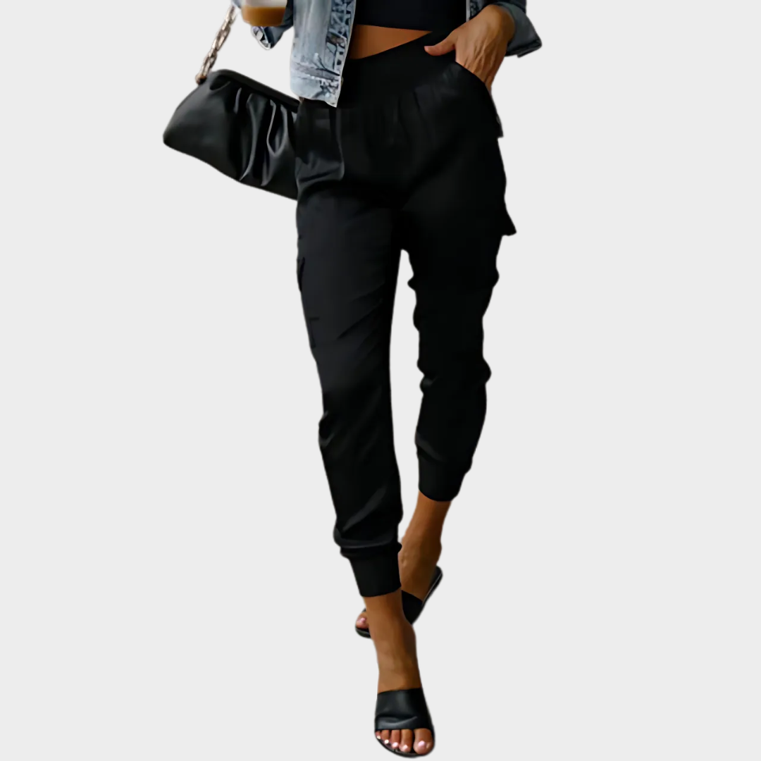 Women's Satin Cargo Trousers – Elastic Waist Office Casual Pants – Multiple Colours