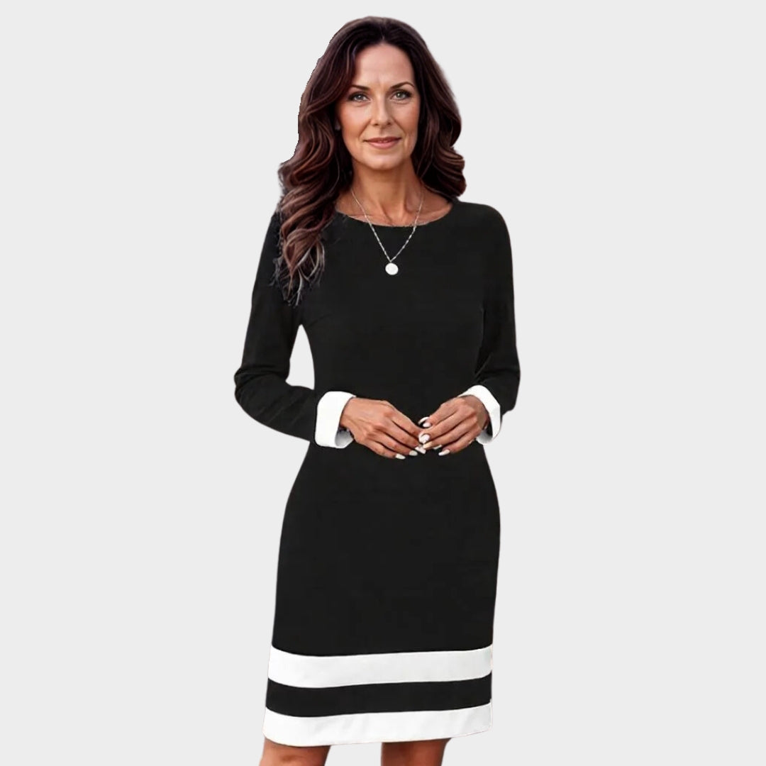 Women's Autumn Winter Fashion Color Block Dress – Round Neck Long Sleeve Casual Fit, Black, Blue, and More