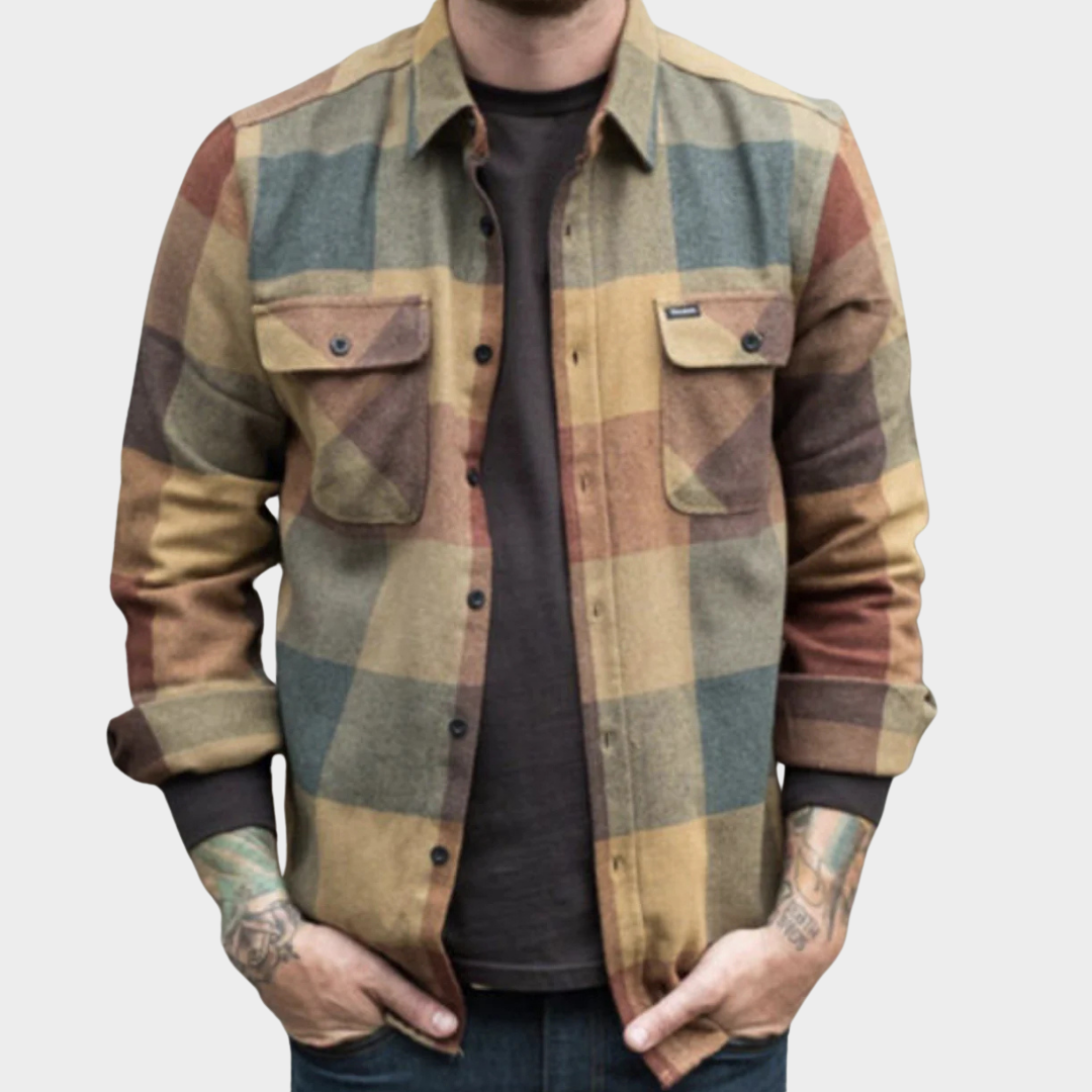 Men’s Plaid Shirt Jacket – Long Sleeve – Button-Down – Soft Flannel – Casual Outerwear – Brown