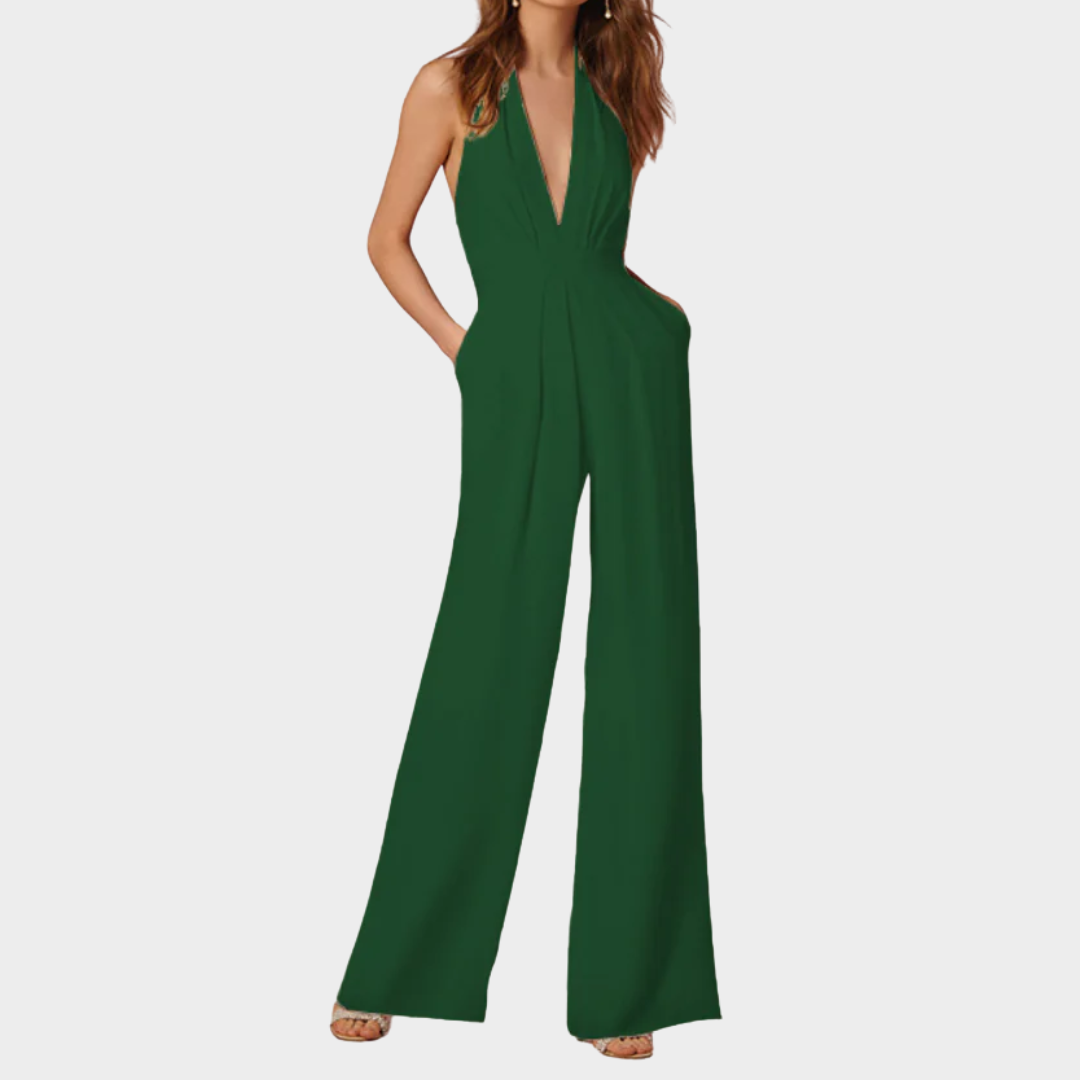 Women’s Halterneck Jumpsuit – Sleeveless Wide-Leg Fit with V-Neck & Pockets – Lightweight Polyester Blend – Multiple Colours
