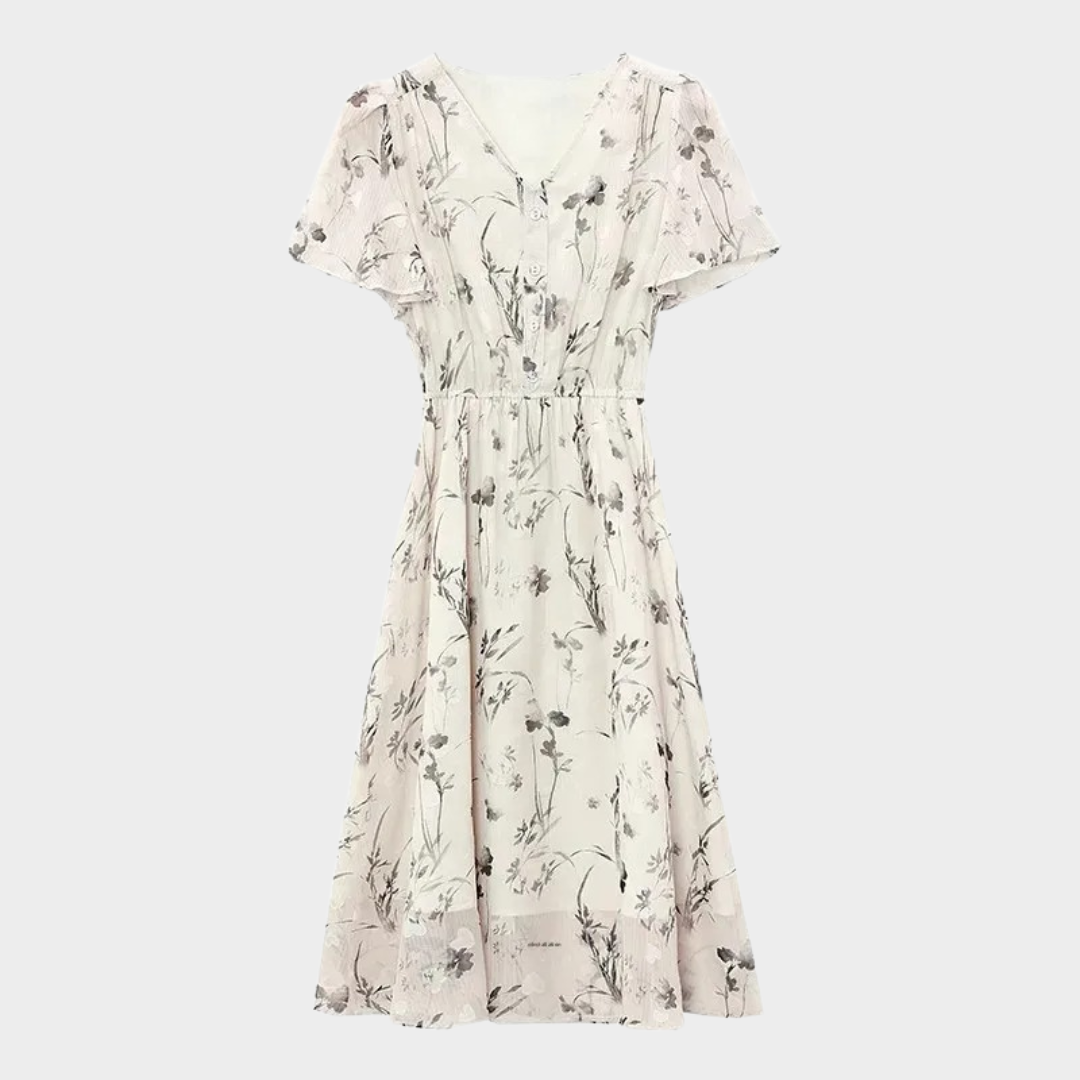 Women’s Knee-Length Silk Dress – V-Neck – Ink Print – Lace Sleeves – Soft and Lightweight – Beige