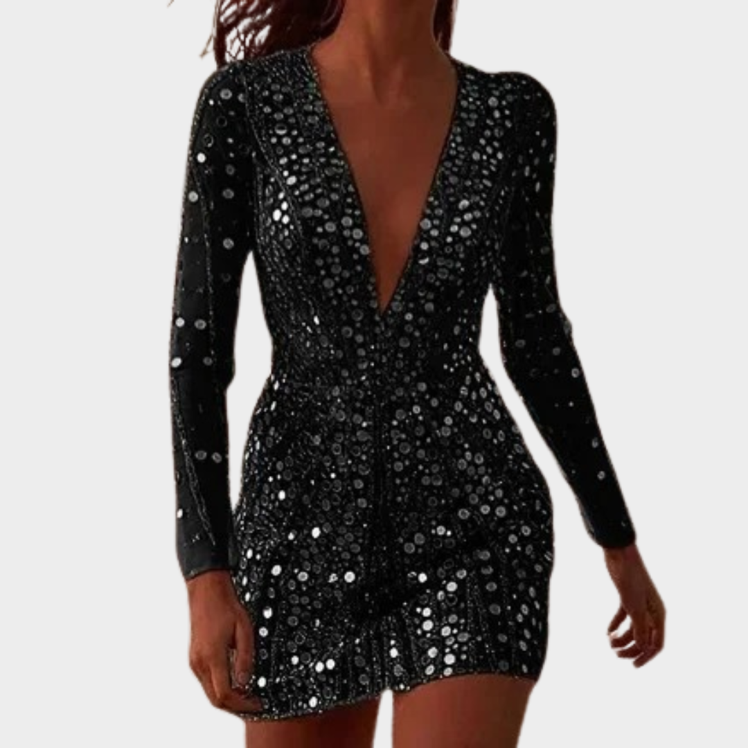 Women's Evening Dress – Deep V Neck – Transparent Sparkling Detail – Long Sleeve – Bodycon Fit – Multiple Colours
