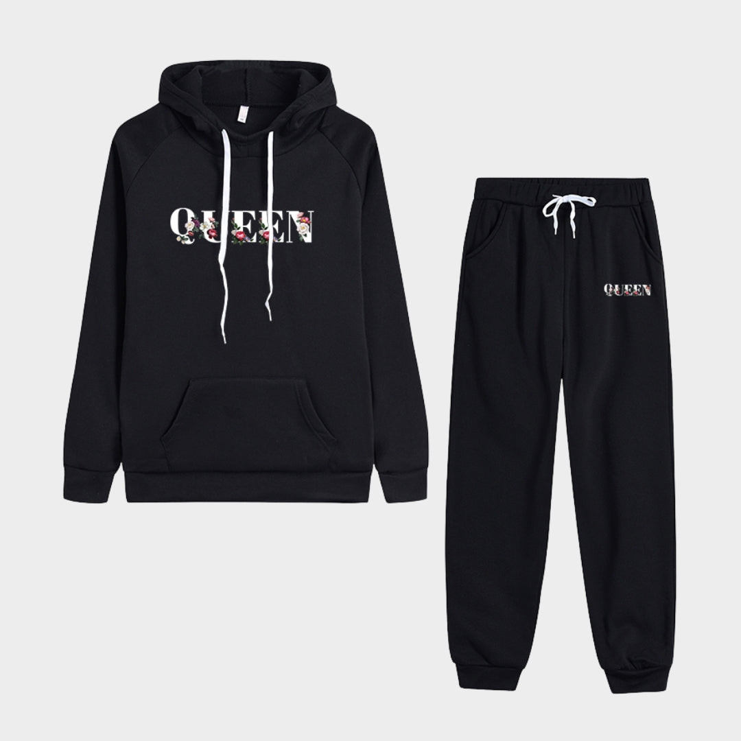 Women's Tracksuit Two-Piece Set - Jogging Sweatshirt and Hoodie Suit, Casual and Sporty with Drawstring (Black and Grey)