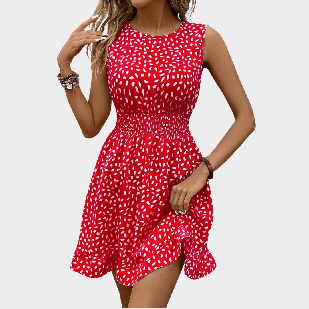 Women’s Sleeveless Printed Dress – Round Neck with Elastic Waist – Lightweight Polyester – Multiple Colours