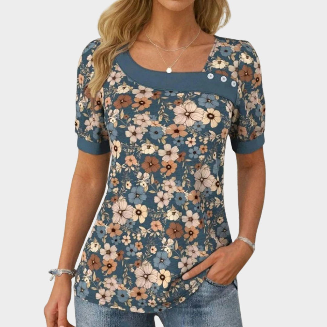 Women's Floral Print Blouse – Vintage Style Short Sleeve Diagonal Collar Cotton Polyester – Blue