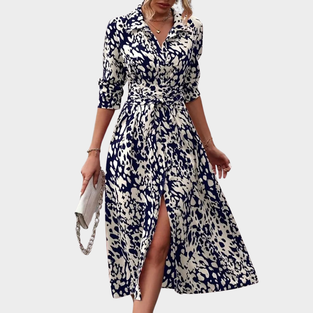Women’s Midi Shirt Dress – A-Line Fit with Lace-Up Detail – Long Sleeve Printed Design – Thigh High Slit – Multiple Colours