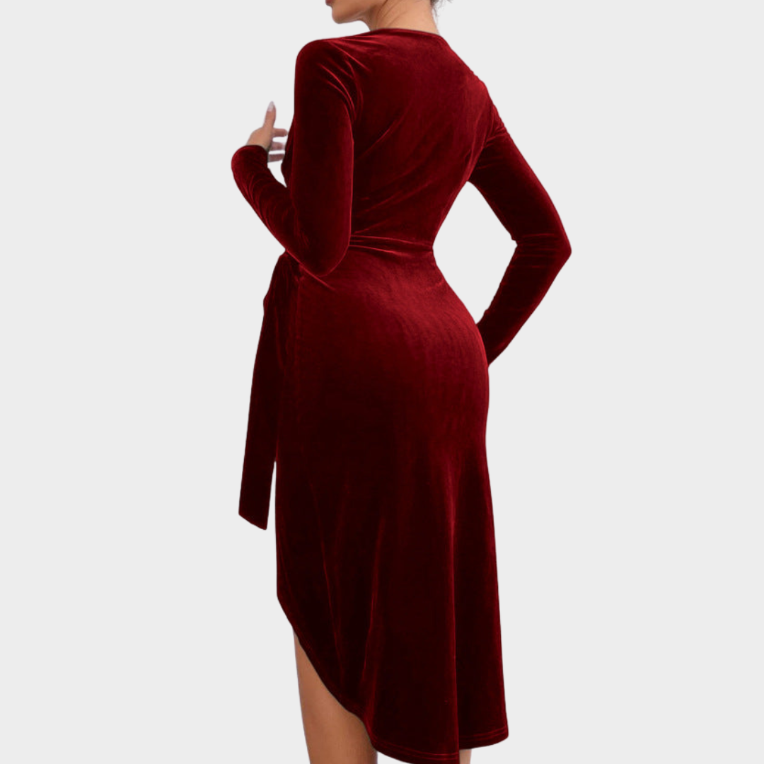 Women’s Deep V-Neck Velvet Mini Dress – Long Sleeve Ruched Party Dress – Asymmetrical Hem – Multiple Colours
