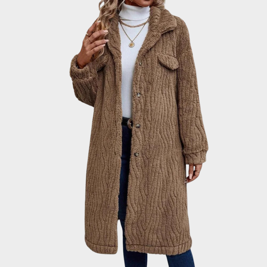 Women Plush Faux Fur Coat – Oversized Midi Design with Fur Lapel Button Closure – Coffee