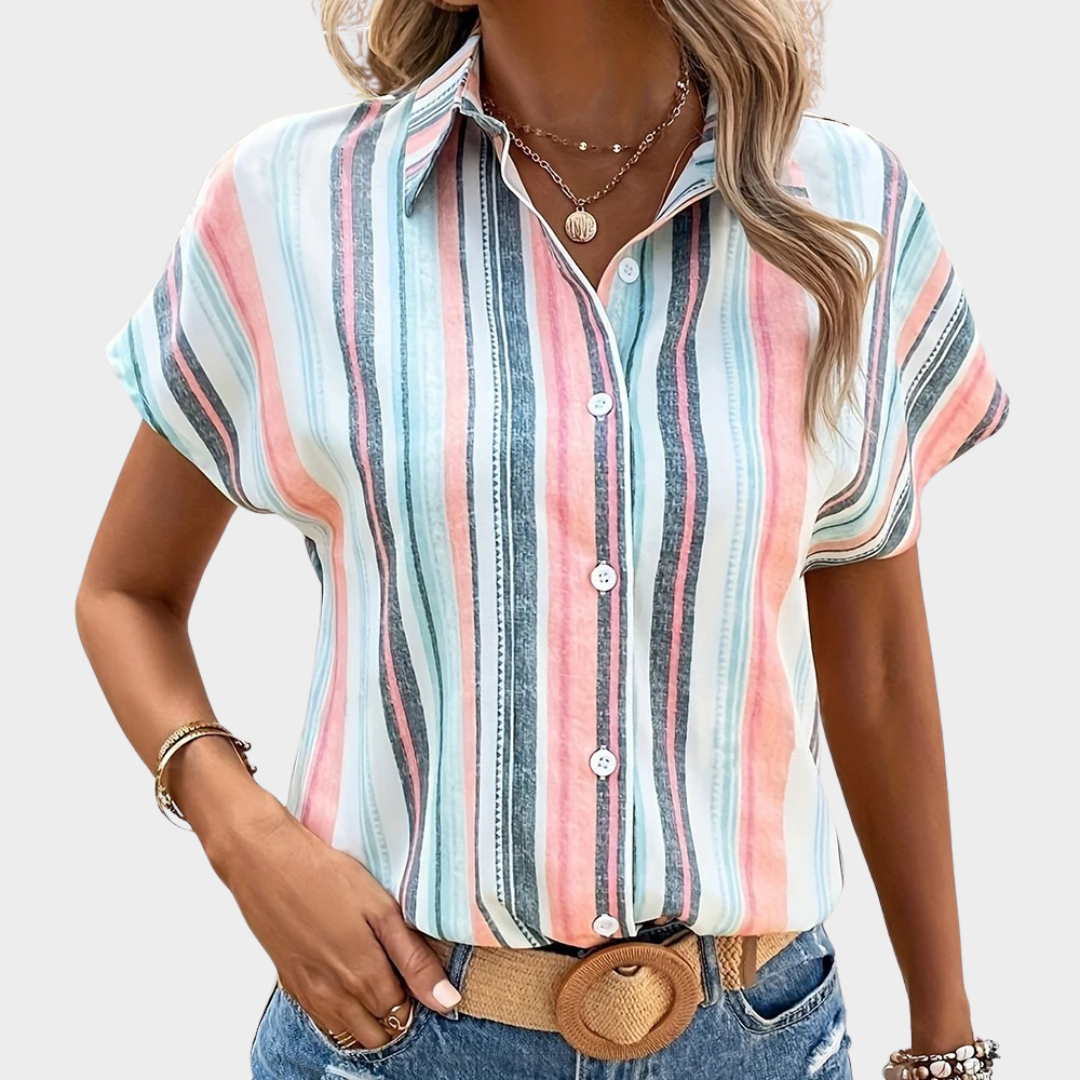 Women's Casual Blouse – Short Sleeve Button Front – Striped Full-Body Print – Loose Fit – Cotton-Polyester – Multicolour