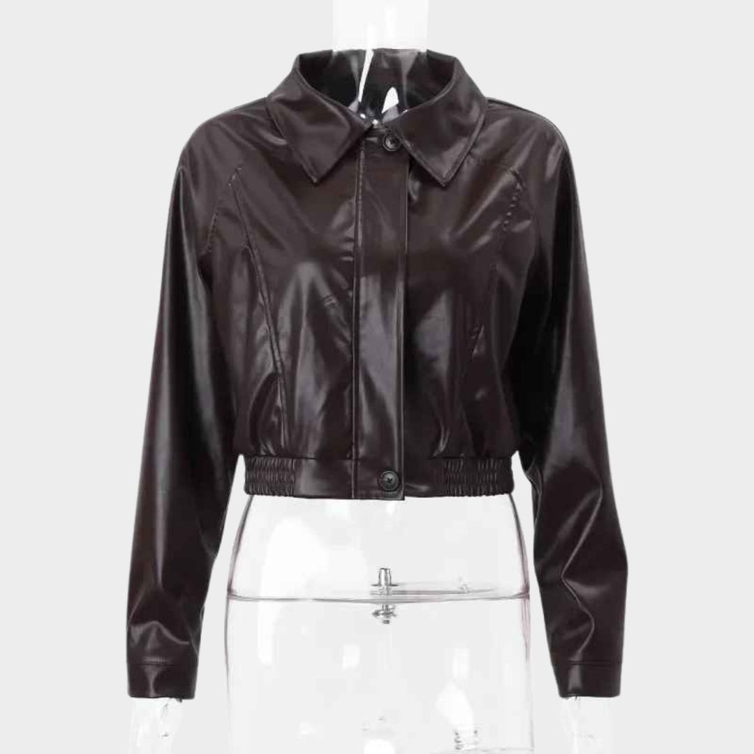 Women's Faux Leather Jacket - Oversized Cropped Coat - Zipper Front - Turn-Down Collar - Brown