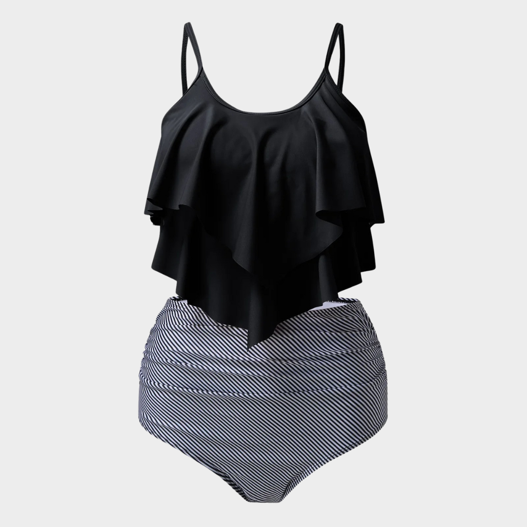 Women Two Piece Bikini – Split High Waist Ruffle Set with Printed Suspender Top – Lightweight Comfortable Fit – Black