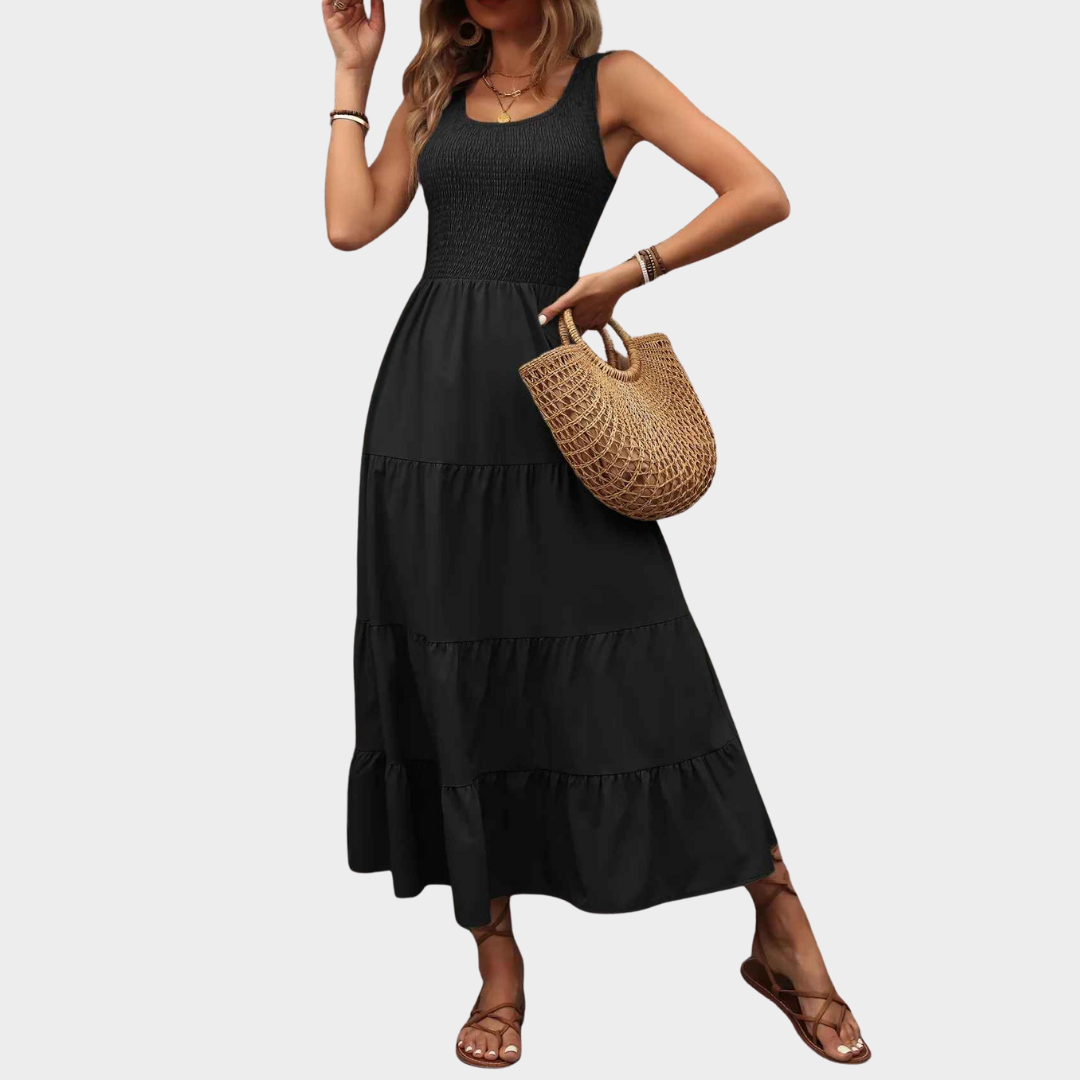 Women's Elegant Sleeveless Long Dress – Solid Colour Elastic Waist Design with Flowing Swing Skirt – Multiple Colours
