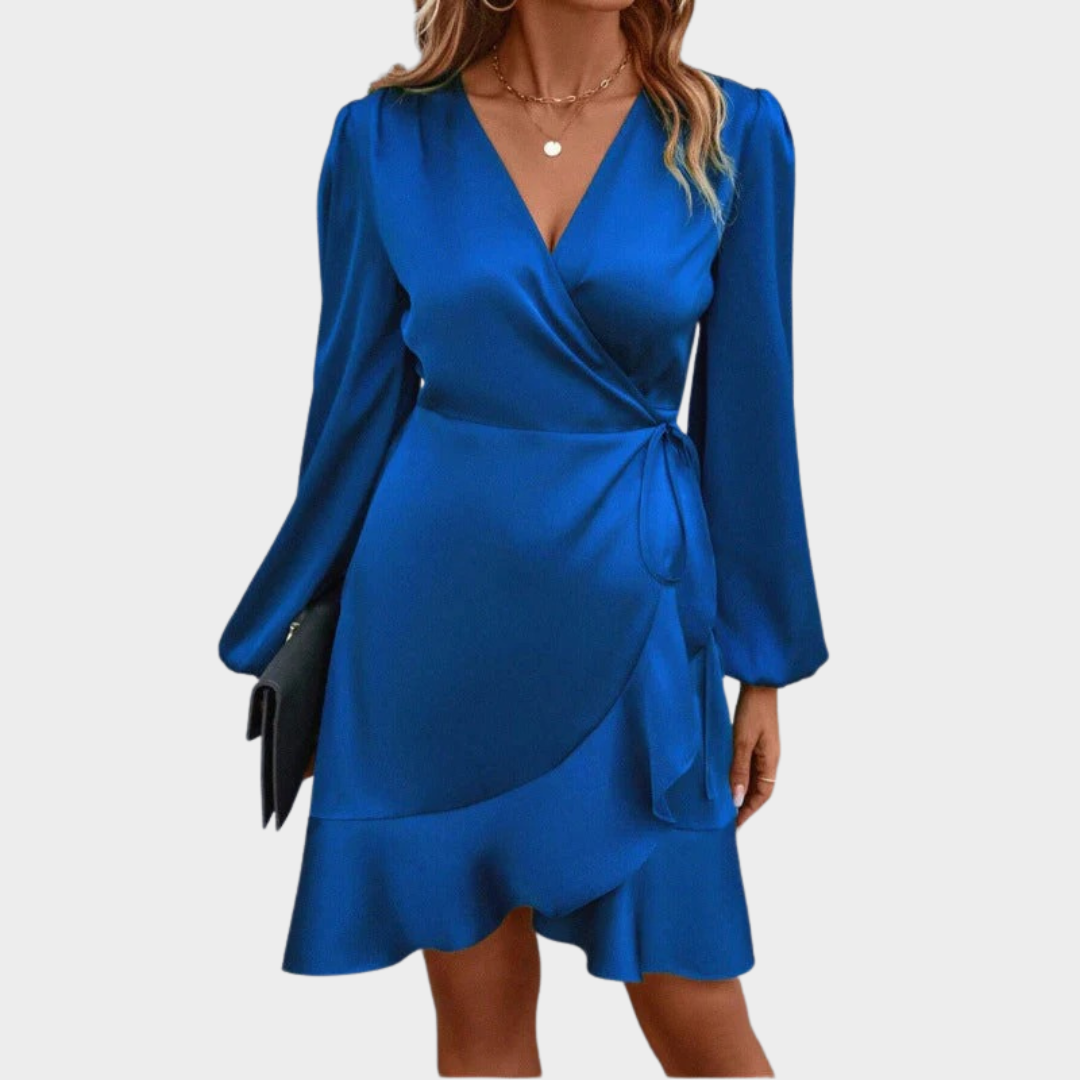 Women’s Long Sleeve Mini Dress – V-Neck Belted Design – Elastic Waist – Solid Colour – Blue