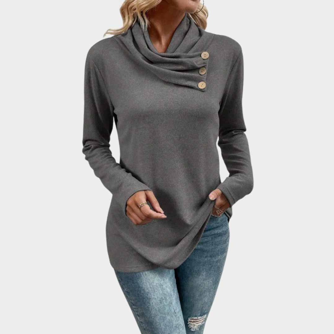 Women’s Long Sleeve Knit Top – Relaxed Fit with Scarf Collar and Button Detail – Dark Grey