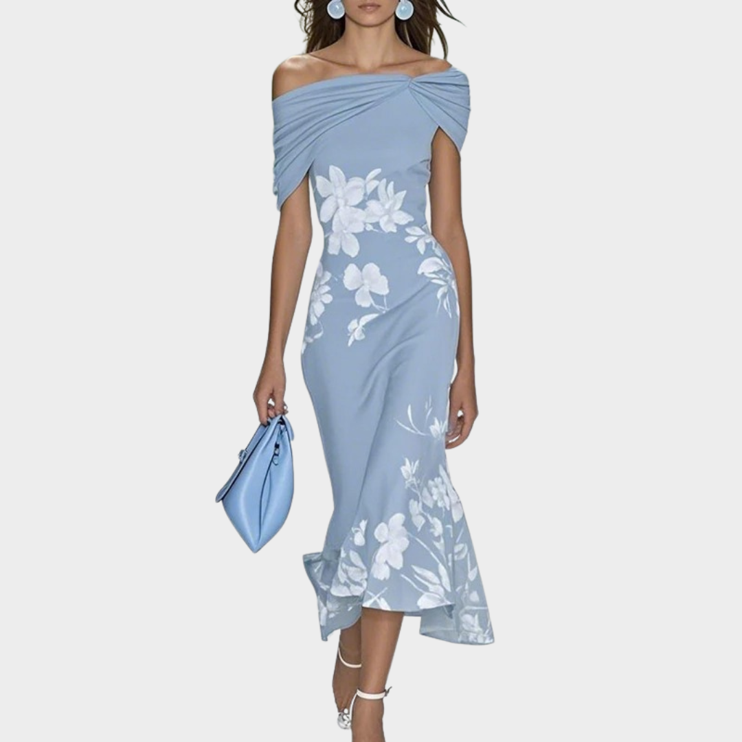 Women’s Off Shoulder Floral Print Long Dress – Slim Fit Party Style with Short Sleeves – Multiple Colours