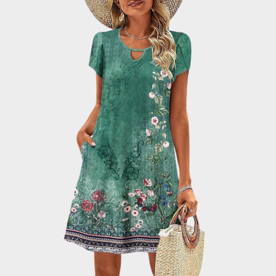 Women's Floral A-Line Mini Dress - Short Sleeve - Keyhole Neck - Casual & Flowy Sundress - Green