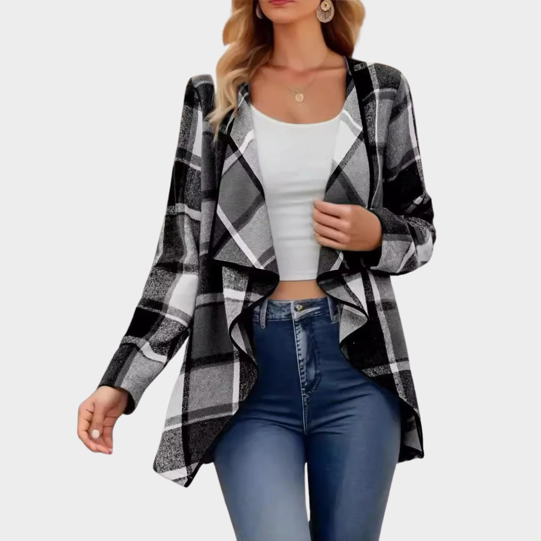 Women’s Open-Front Coat – Relaxed Fit Draped Style – Soft Feel – Plaid Pattern – Multiple Colours