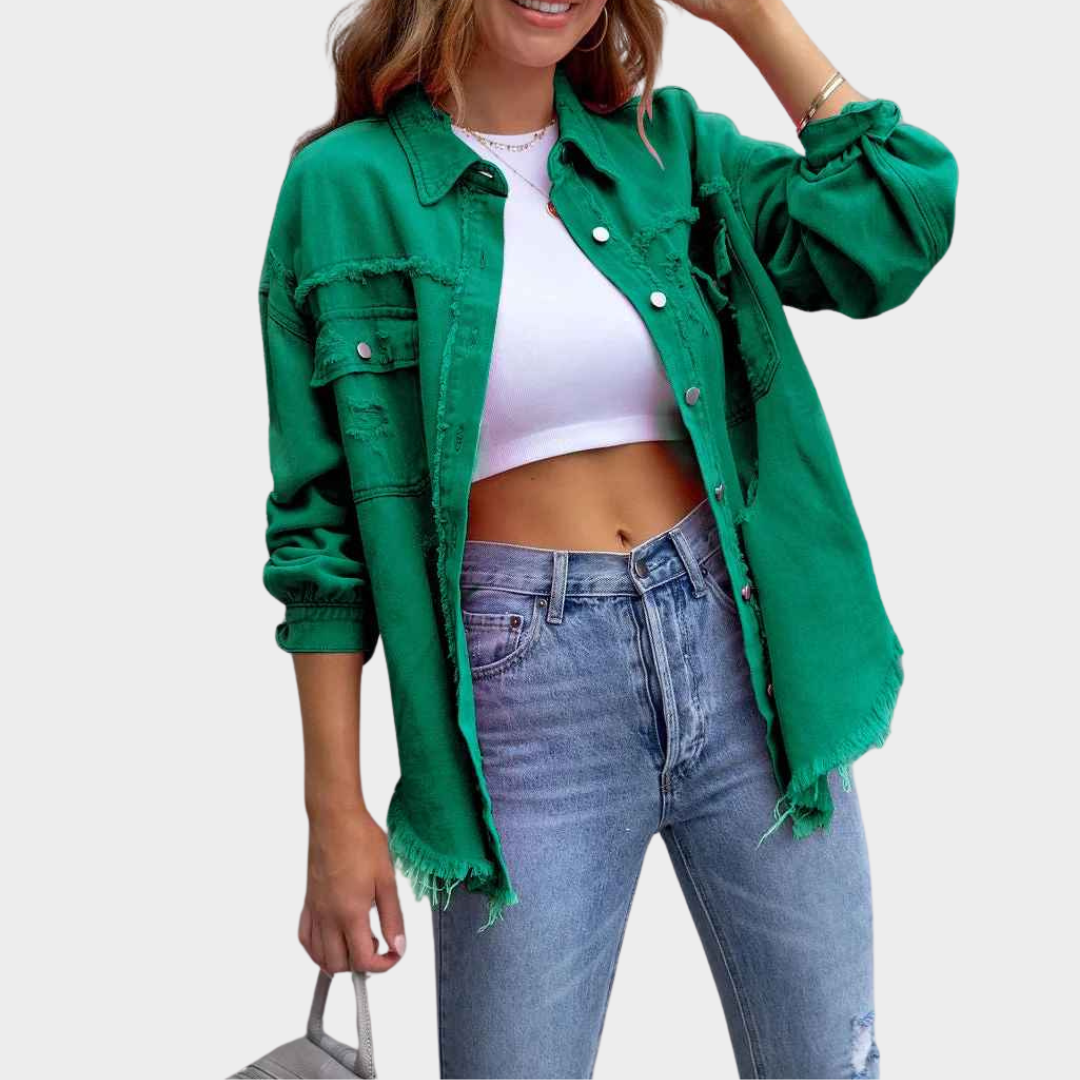 Women's Denim Jacket - Long Sleeve Casual Fit - Distressed Hollow-Out Design - Button-Up - Multiple Colours