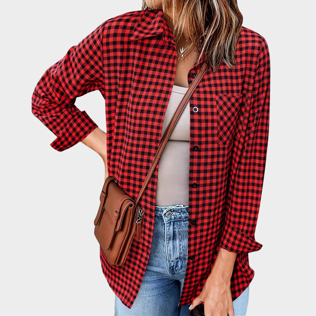 Women's Loose Plaid Shirt – Long-Sleeve Button-Up – Casual Lapel Top – Multiple Colours