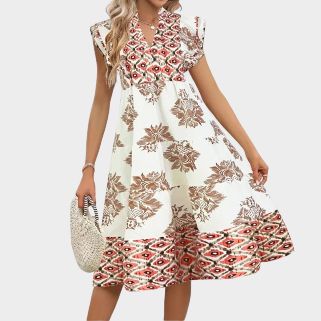 Women Ruffled Dress – Printed Lantern Sleeve – Irregular Hem – Casual Fit – Multiple Colours