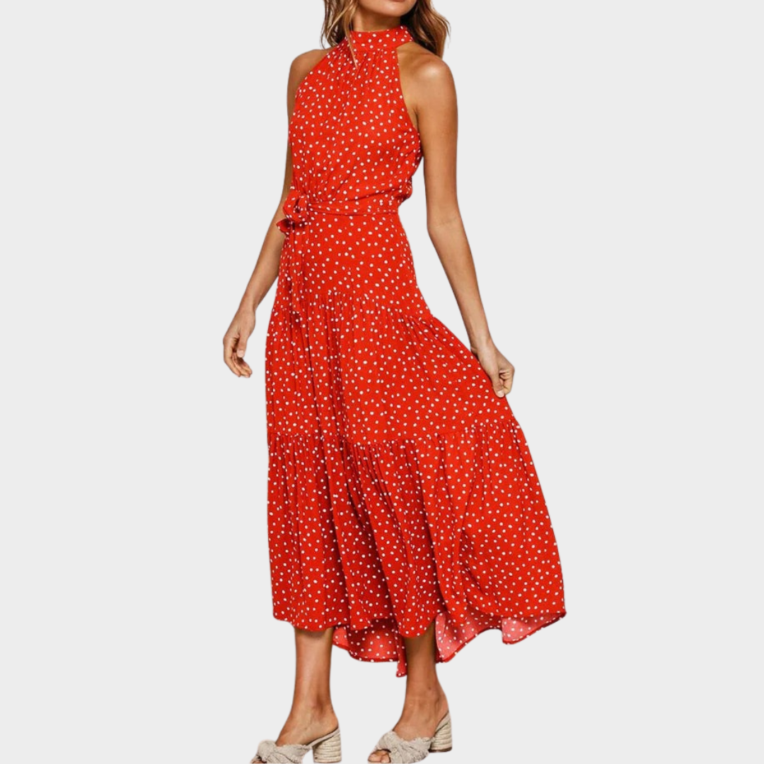 Women Halter Neck Long Dress – Polka Dot Belted Fit Flowy Silhouette – Multiple Colours