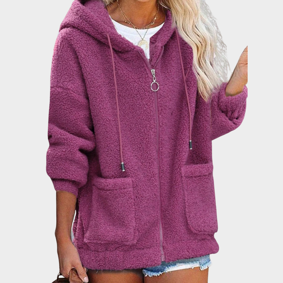 Women’s Plush Hoodie Jacket – Long Sleeve Zip Front Coat with Pockets Casual Outerwear – Multiple Colours