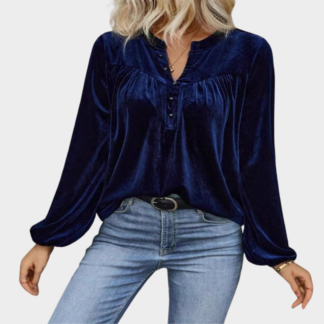 Women’s Long Sleeve Blouse – Elegant V-Neck Pullover with Button Detail – Solid Colour – Multiple Colours