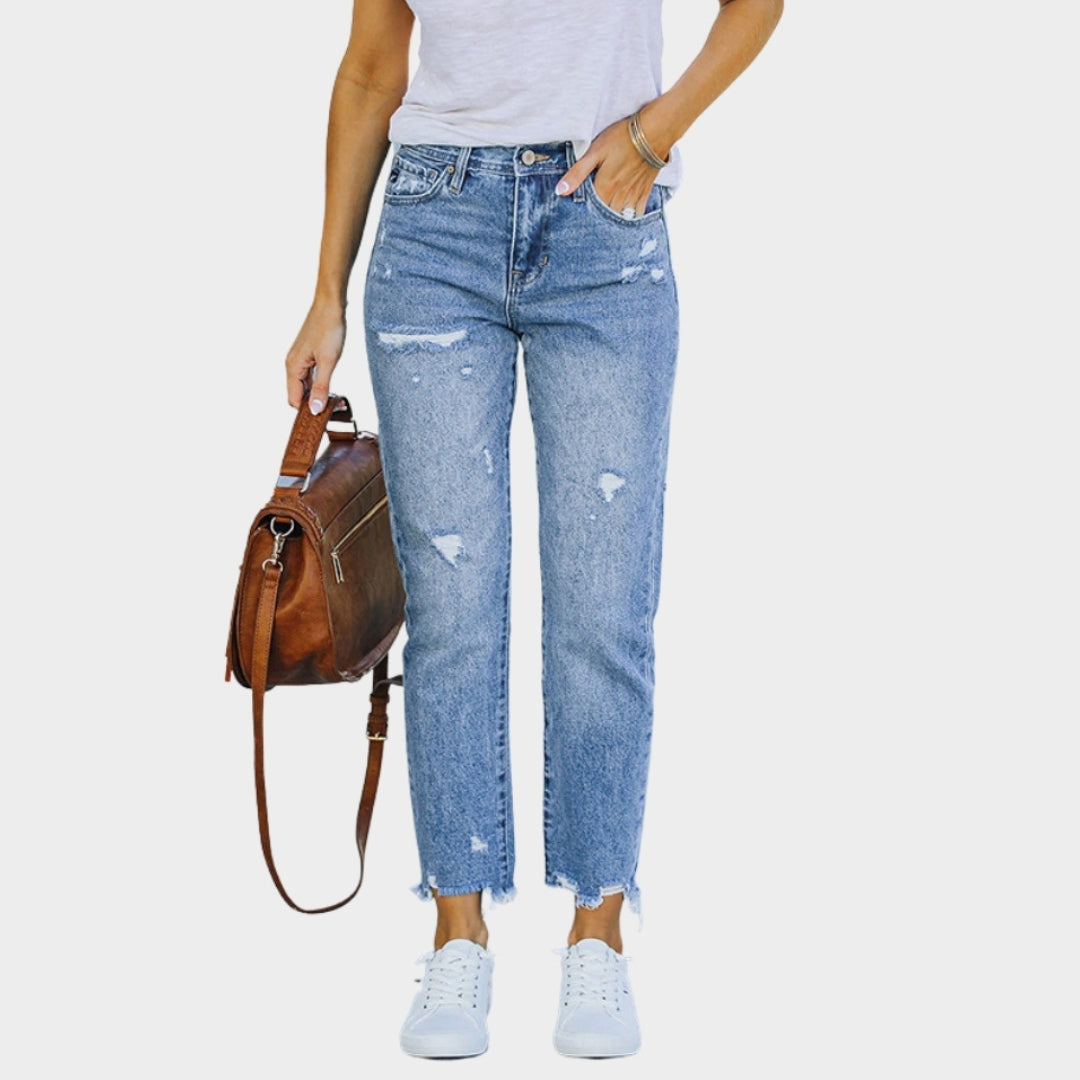 Women's High-Waist Ripped Jeans - Trendy Stretch Denim Pencil Pants (Blue)