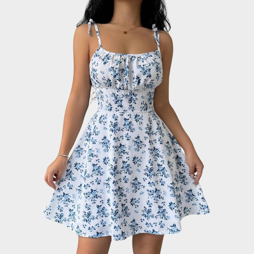 Women's Floral Square Neck Mini Dress – Sleeveless – Waist Tie – Slim Fit – Blue