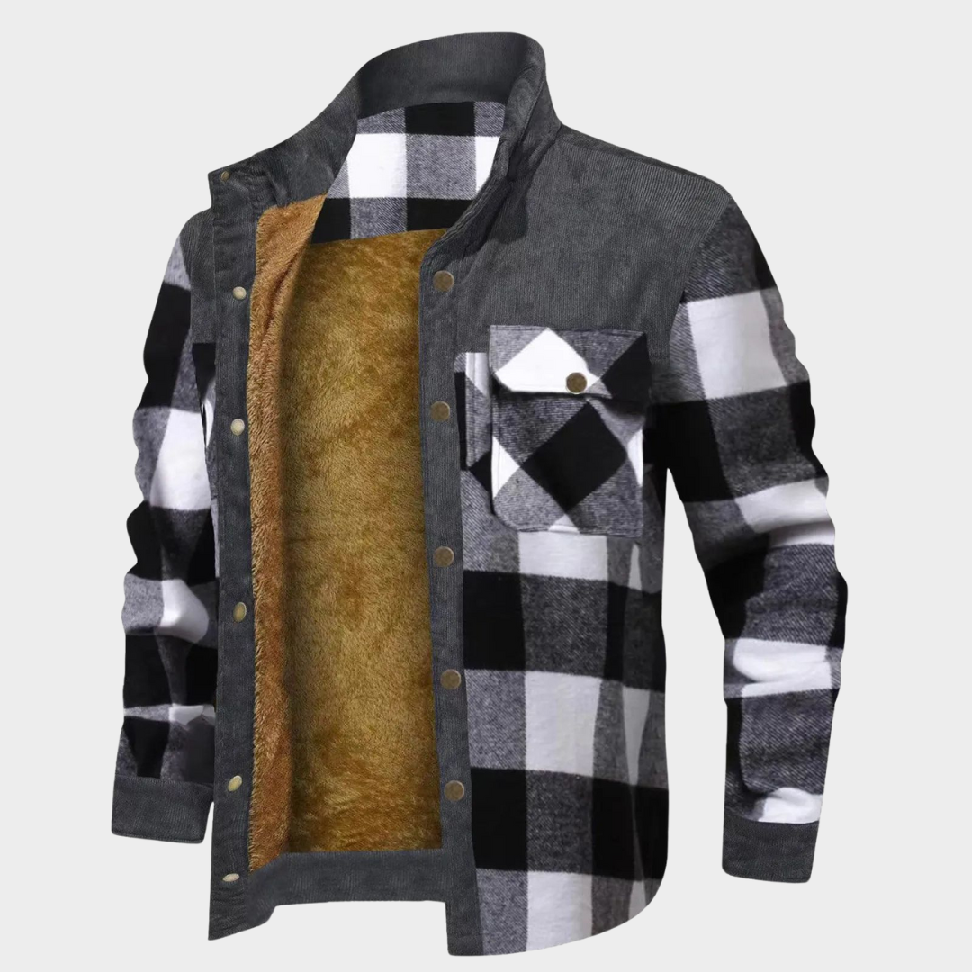 Men's Plaid Print Jacket – Long Sleeve Stand Collar – Warm Fleece Lined – Multiple Colours