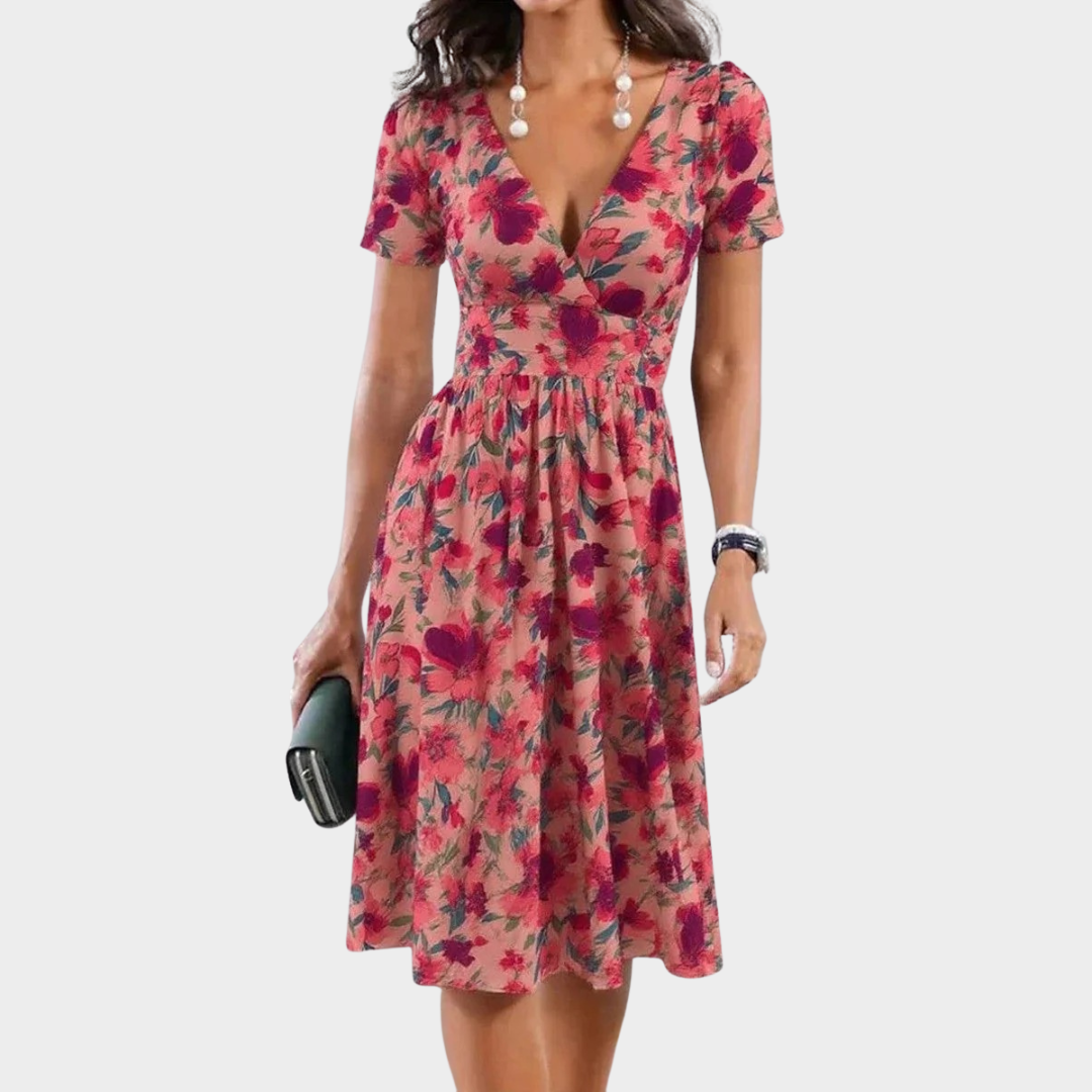 Women’s Midi Dress – V-Neck – Floral Print – A-Line Fit – Breathable Blend – Pink