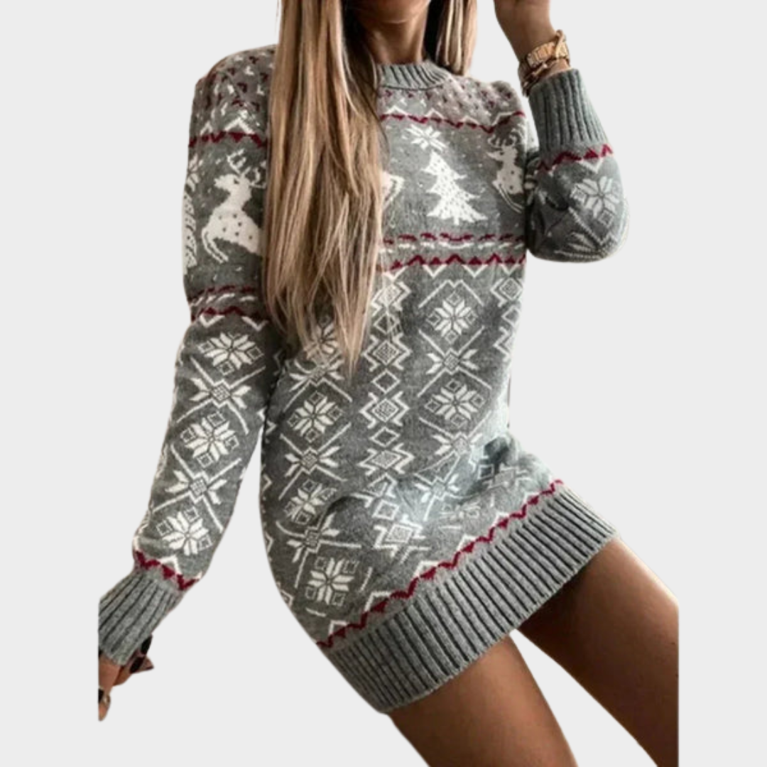 Women's Knitted Sweater Dress – Long Sleeve – Festive Elk Print – Soft Knit – Multiple Colours