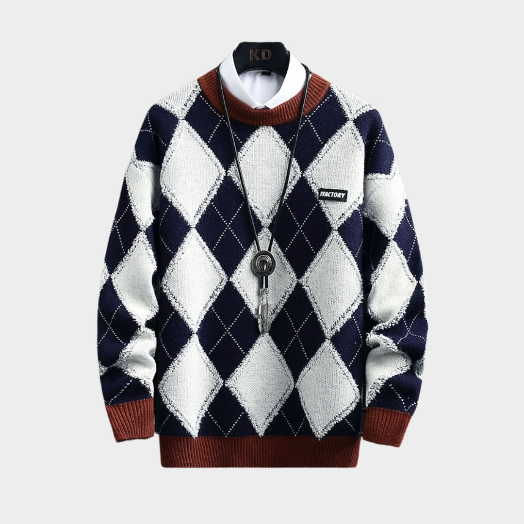 Men's Argyle Knitted Sweater - Warm Cashmere Pullover for Autumn Winter (Green, Navy Blue, Coffee)