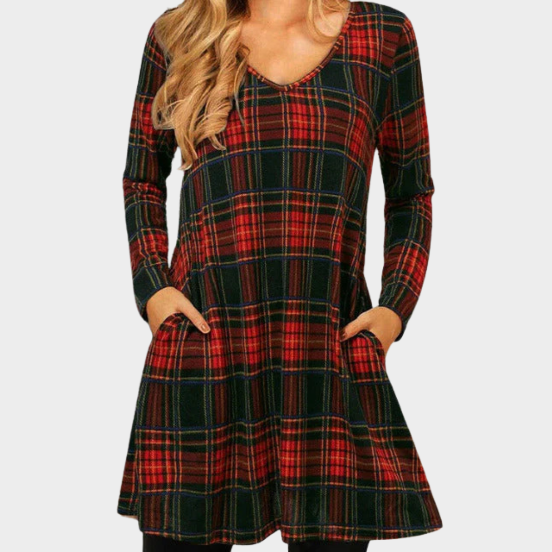Women’s Plaid Print Dress – Round Neck Long Sleeve Above-Knee Length – Relaxed Fit Casual Style – Cotton-Polyester Fabric – Red