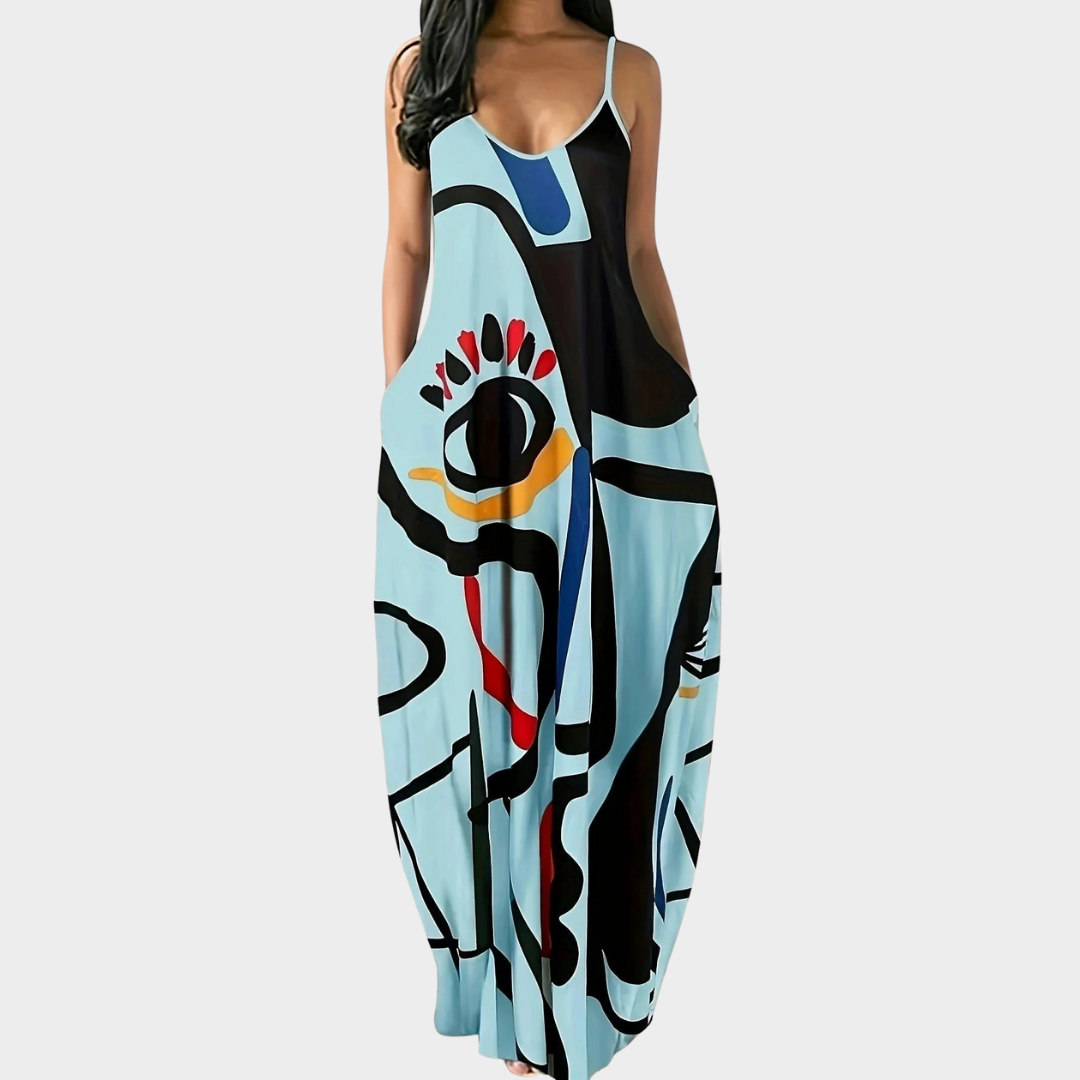 Women's Sleeveless Maxi Dress – Graffiti Print Suspender Style with Pocket Detail – Multiple Colours