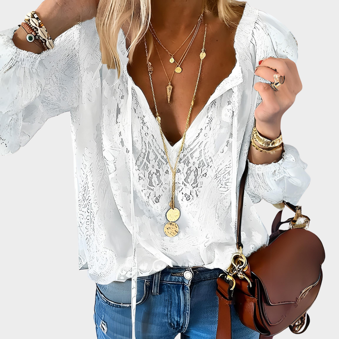 Women’s Boho Lace Blouse – Deep V-Neck Pullover Top – Hollow Out Detail – Relaxed Fit – Lightweight Fabric – Multiple Colours