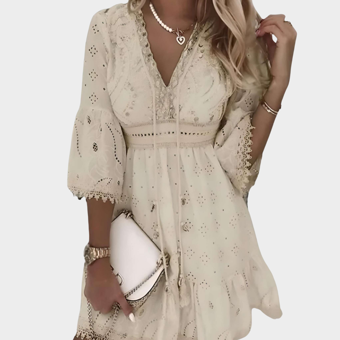 Women's Elegant Hollow Lace Mini Dress – V-Neck – Three-Quarter Sleeve – Patchwork Lace – Multiple Colours