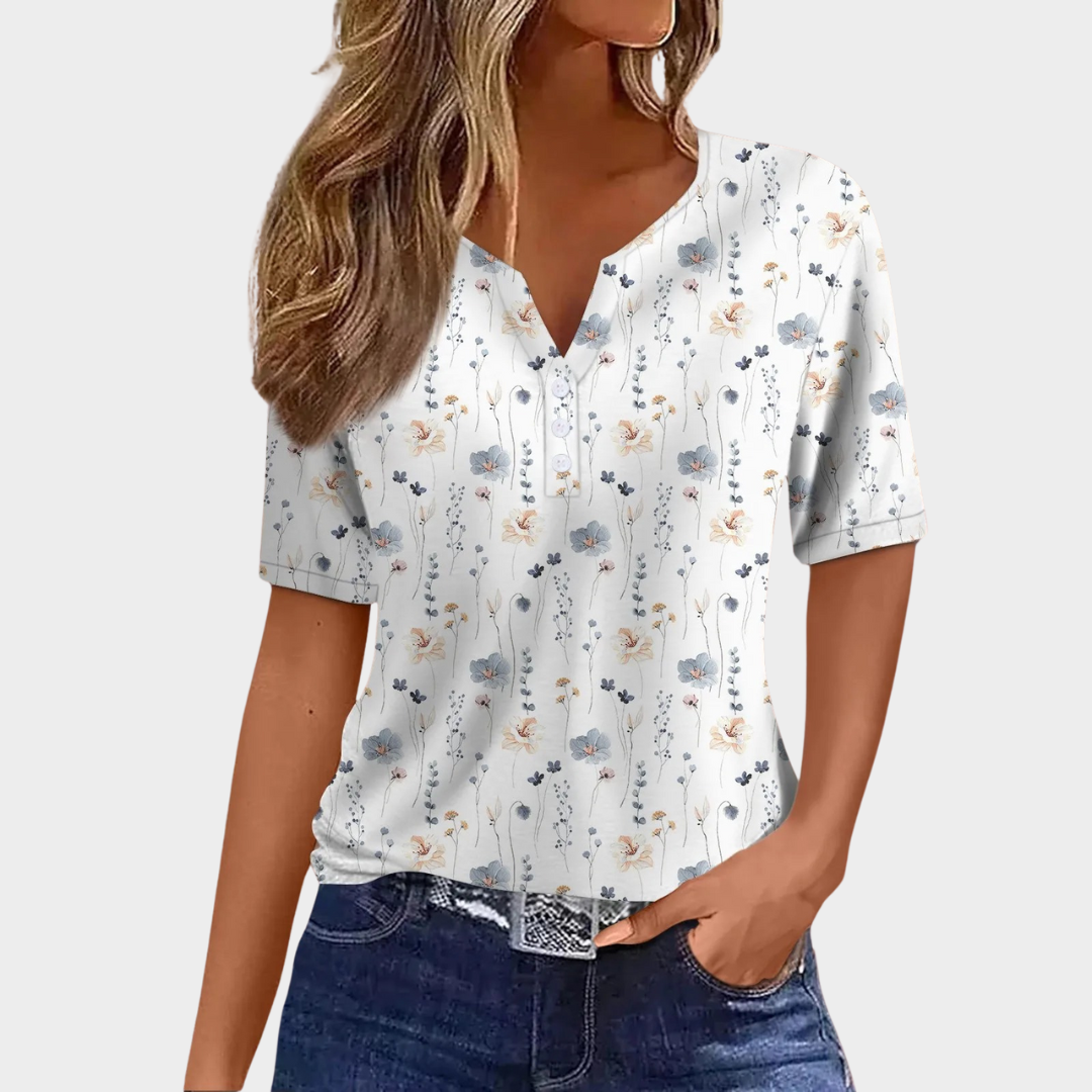 Women’s V-Neck Printed T-Shirt – Short Sleeve Harajuku Style – Button Detail – Soft Cotton Blend – Multiple Colours